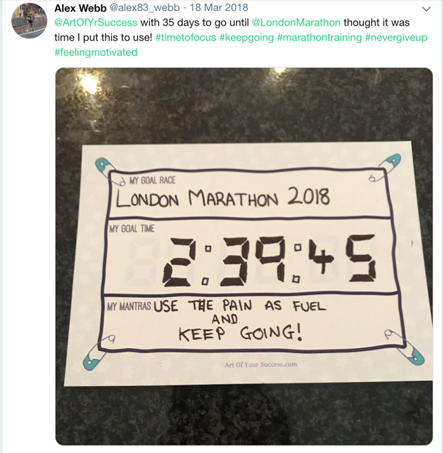 Alex's time goal postcard for the London Marathon