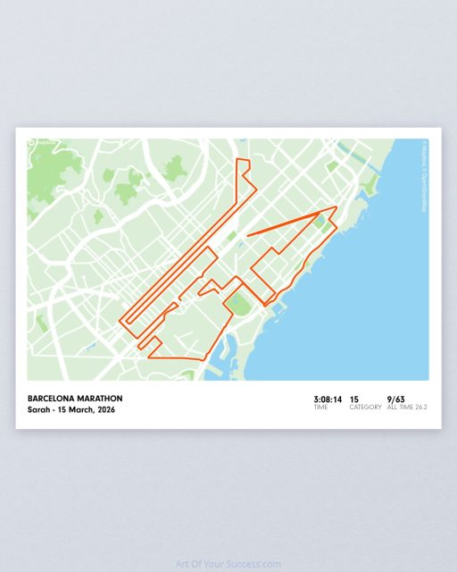 Barcelona marathon 2026: the stats I chose for my print are:
•3:08:14 official time
•15th in my category
•9/63 - this comes in as my 9th fastest time, out of my now 63 marathons.
(You can have this style print with any gpx route, and choose the 3 stats which are most meaningful to you).

The 2026 course is fairly but not totally flat. The first half has more inclines, but you do get to recover and go faster on some downhills too.  There's a bit of an up to 40km which you feel at that point.

I liked the wave starts which meant plenty of room to run in. I found it less congested than other marathons, although you do have to concentrate on what I came to think of as the Spanish spectator road crossing championships (!) which constantly pop up to test you.

Although it was a sunny day, most of the route was shaded by buildings which I really appreciated to keep it cooler. It was a bit windy but that was also cooling.

I thought there were fewer spectators than other marathons and less vocal.  There were some fun more lively hotspots, but I found I enjoyed the calm this created.