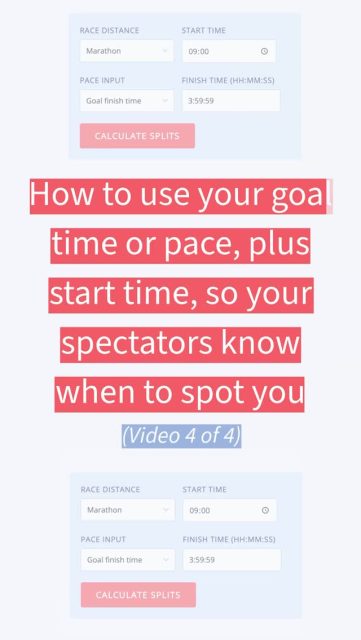 Add your race start time and get the exact time of day you’ll pass every km and mile marker. Share it with your spectators so they don’t miss you! (Vid 4 of 4) ArtOfYourSuccess.com/pace-calculator #marathon #marathonpace #halfmarathon #marathontime #runpace
