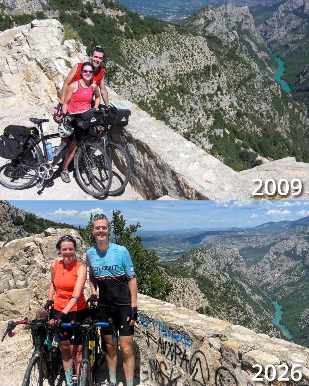 Cycling takes us to some amazing places, some so amazing that we have to come back.
This is at the top of a col looking down into the Gorges du Verdon.
The 2009 motorcyclist did a great job climbing a rock for the perfect angle. We couldnโt quite persuade this yearโs photographer to go higher, but had to respect his personal safety choice!