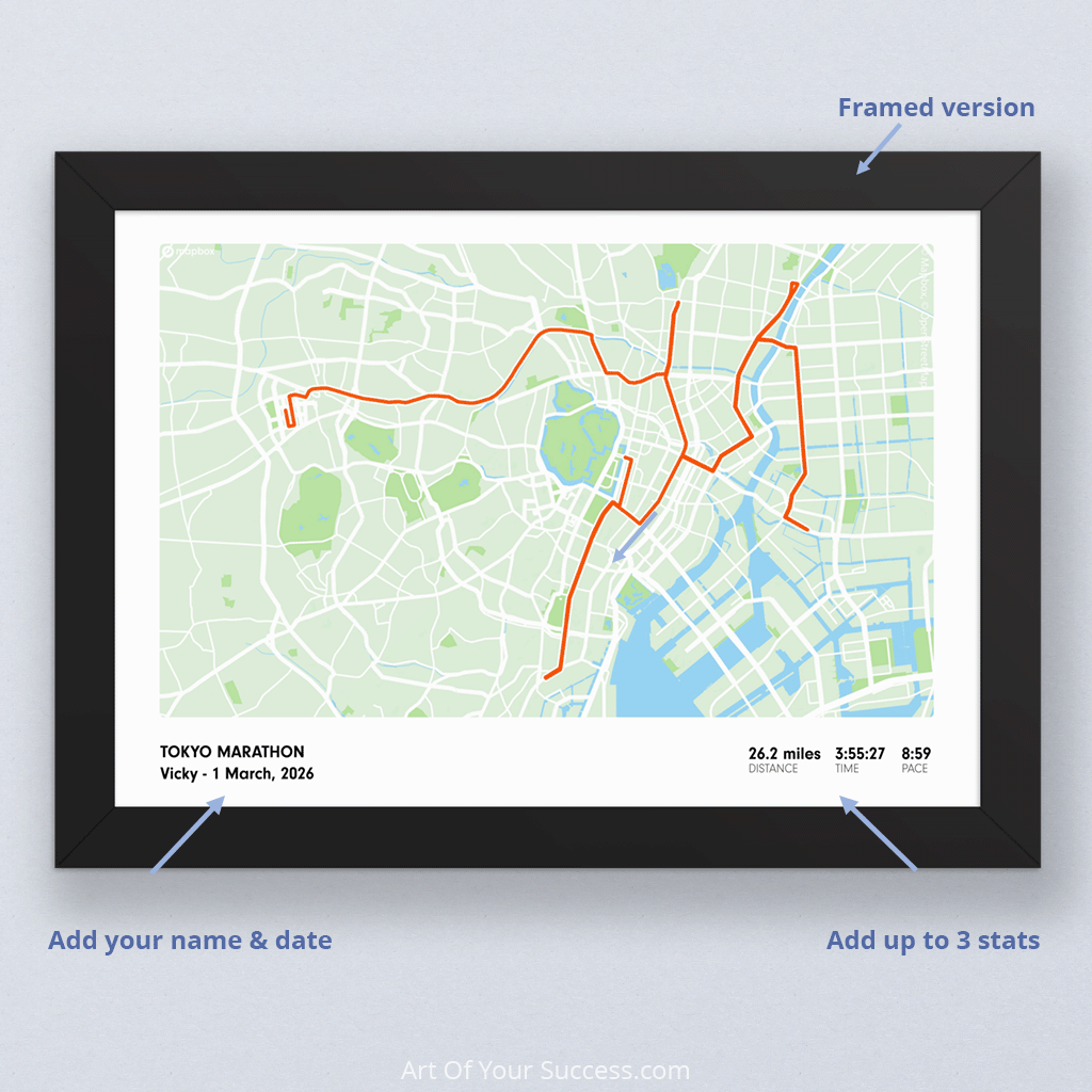 personalised marathon print Tokyo in strava-style, frame and print personalisation options by ArtOfYourSuccess.com