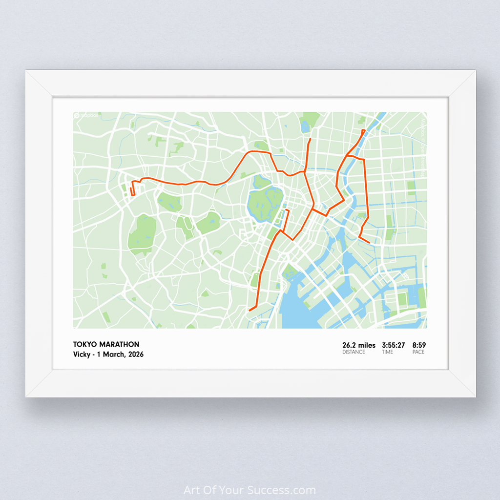 personalised marathon print Tokyo in strava-style, white frame by ArtOfYourSuccess.com
