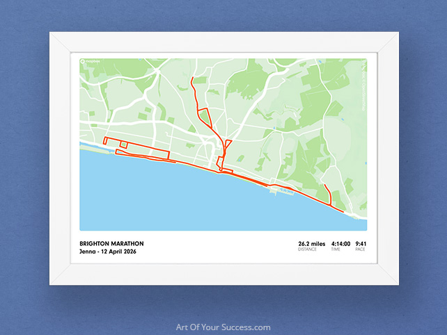 personalised marathon Brighton in strava-style, white frame by ArtOfYourSuccess.com